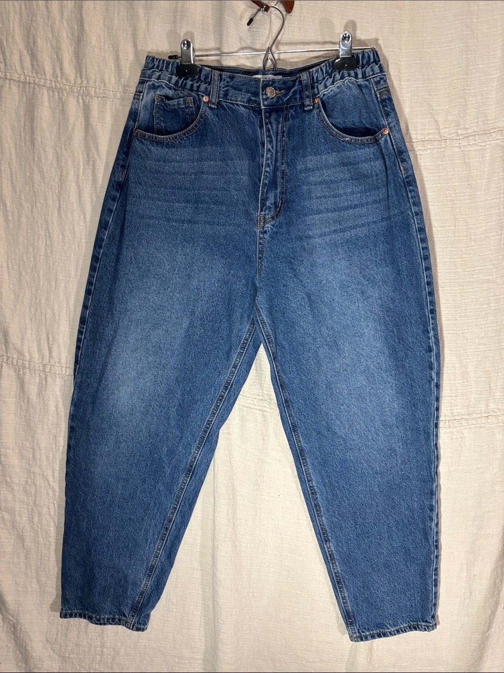 Wax Jean Elastic Waist High Rise Balloon Mom Jeans 100% Cotton Medium Wash Taper